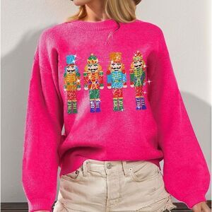 Double Take Sequin Holiday Long Sleeve Pink Nutcracker Christmas Sweater sz 2X 3